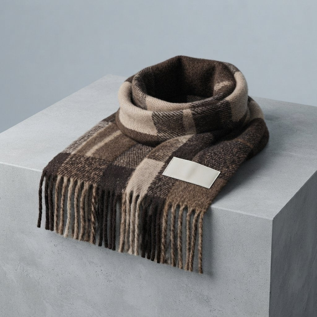 Check Winter Scarf with Fringed Edges — Brown