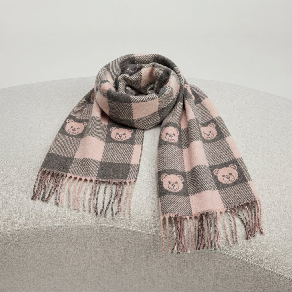 Checked Winter Scarf with Motif Print and Tassels — Grey Pink Bear