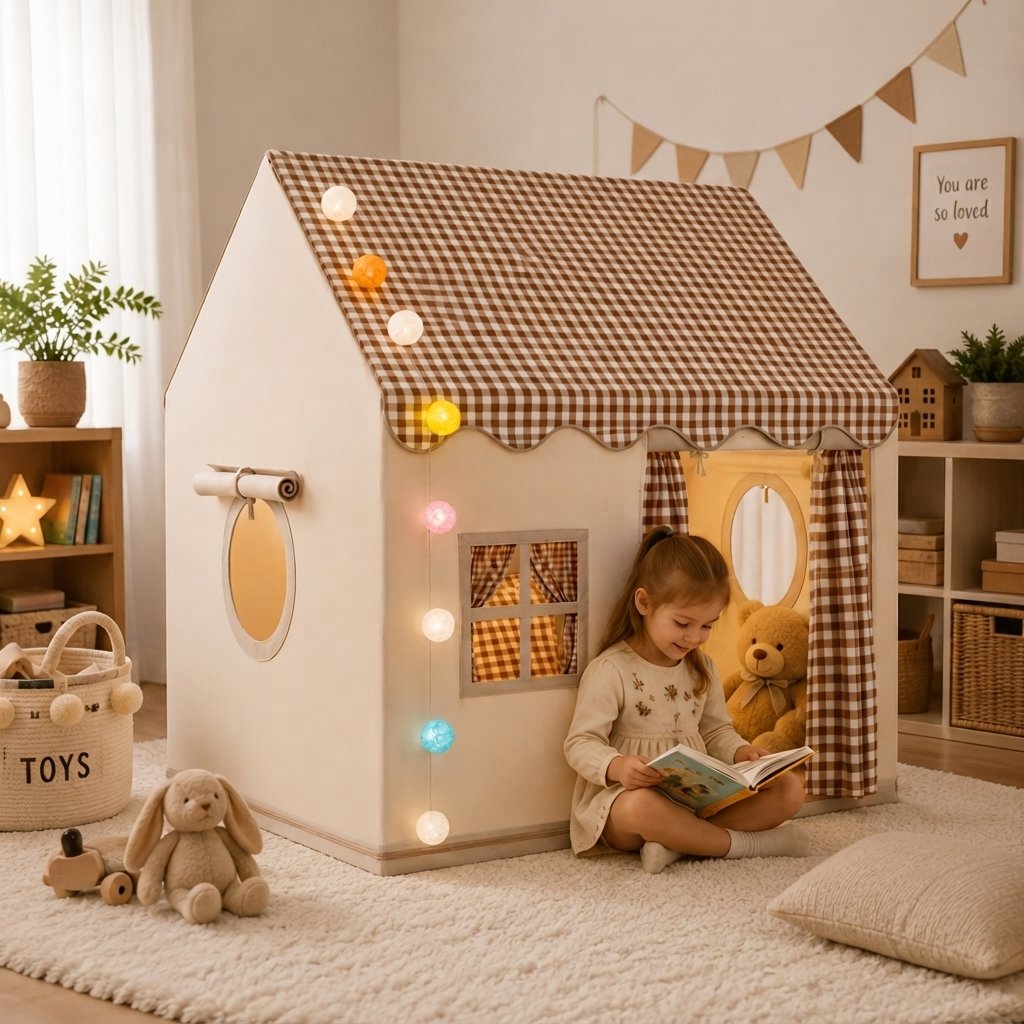 Children's Indoor Playhouse Tent with String Lights — Khaki