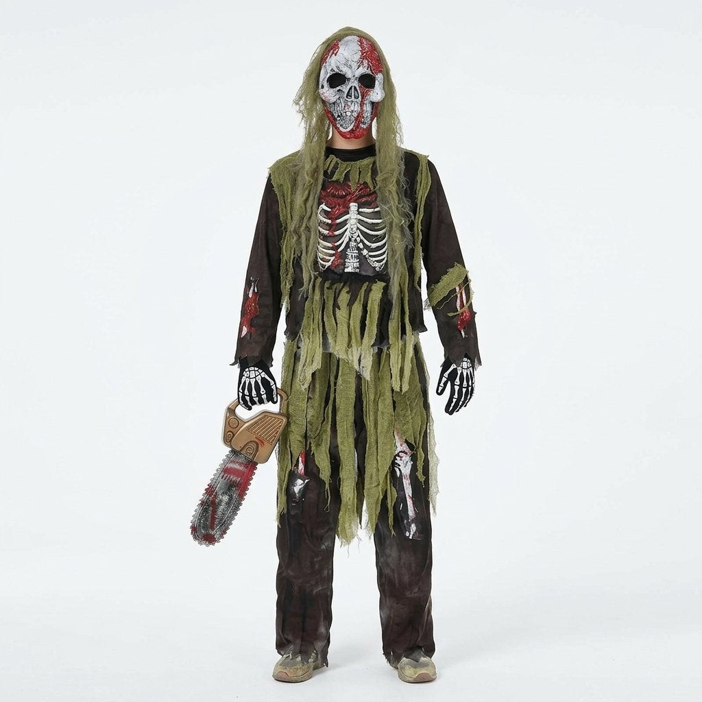Children's Zombie Skeleton Halloween Costume Set with Skull Mask and Skeleton Gloves — M