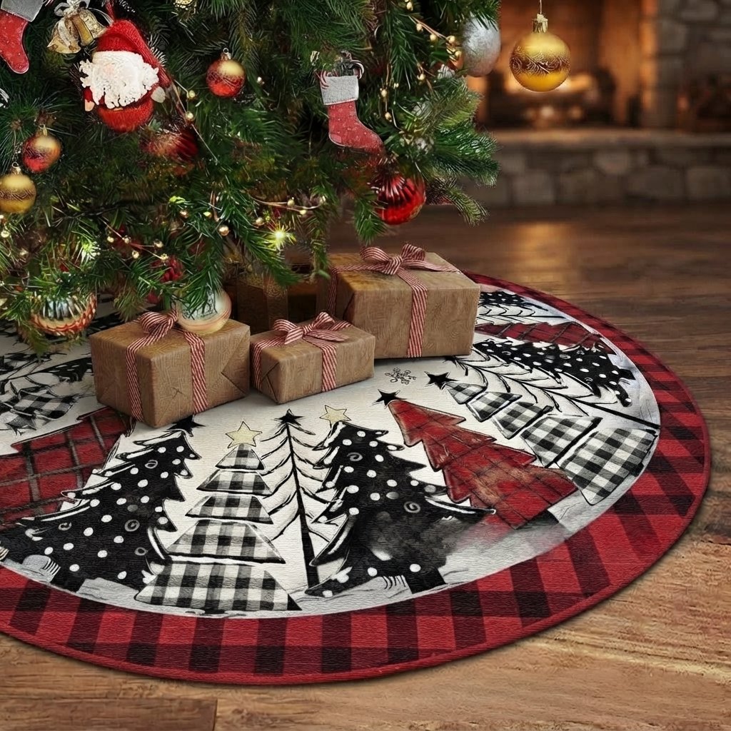 Christmas Tree Skirt, Buffalo Check Patchwork, Round Fabric — 121.92 cm / 48 in Round