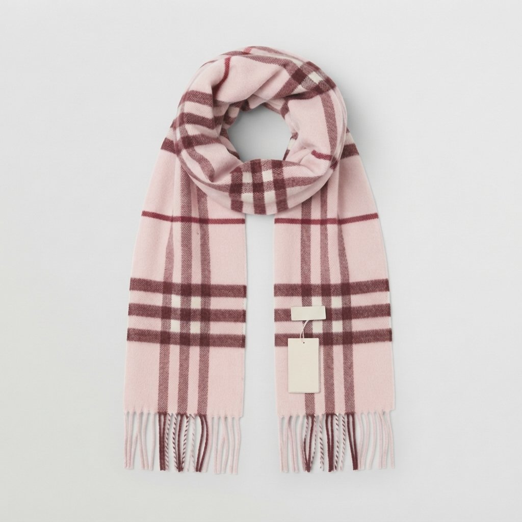Classic Check Scarf with Fringe, Wool-Feel Wrap — Pink White