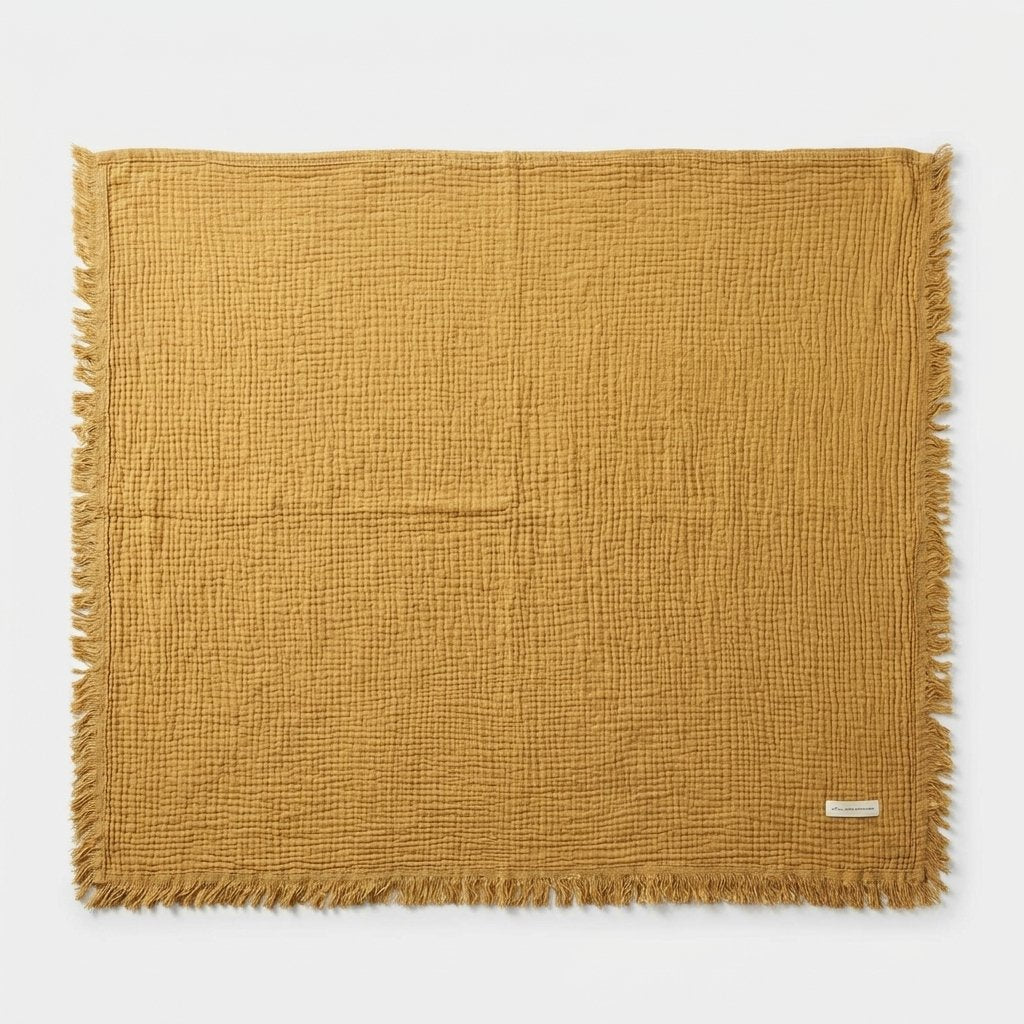 Cotton Crinkle Throw with Tassels, 100% Cotton — Sand