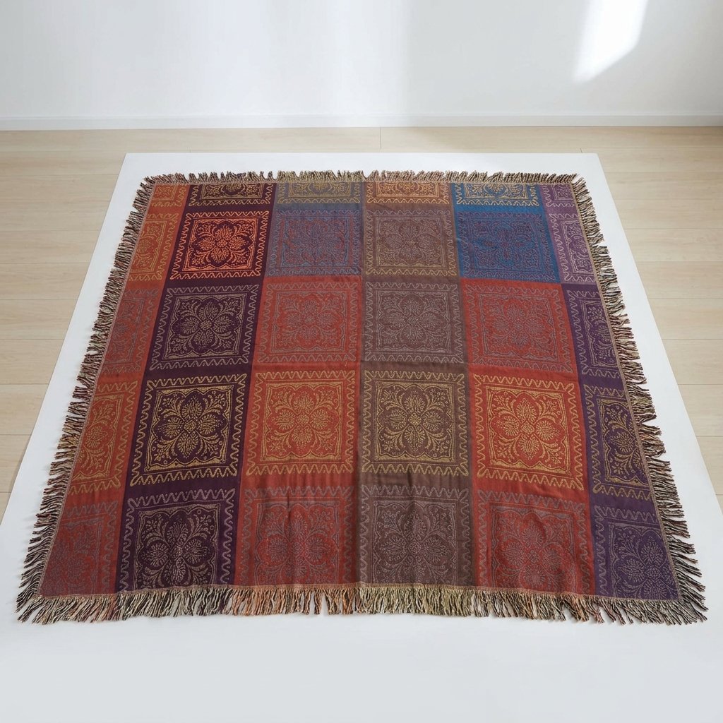 Cotton Tassel Throw Blanket with Mandala Pattern — Crimson