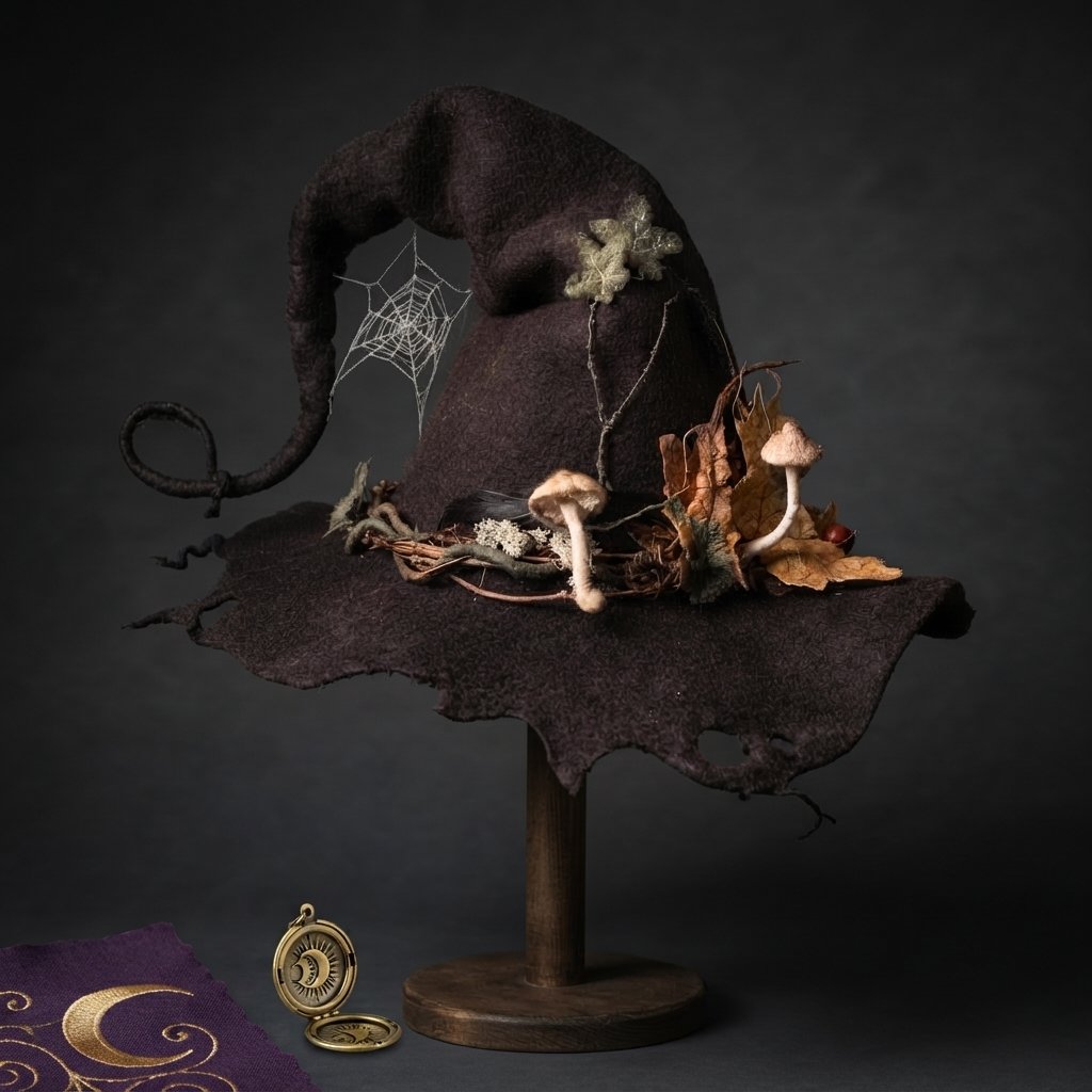 Decorated Witch Hat with Felted Wool, Forest Embellishments and Whimsical Curled Tip — Purple