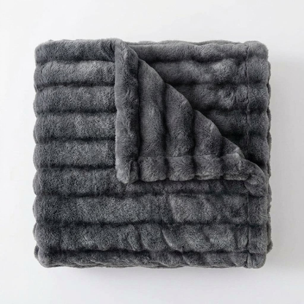 Faux Fur Throw Blanket with Ruched Texture, Ultra-Soft — Midnight Ash