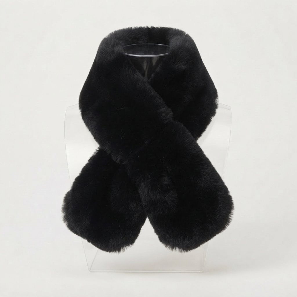 Faux Rabbit Fur Collar Scarf – Plush Knit-Backed — Black