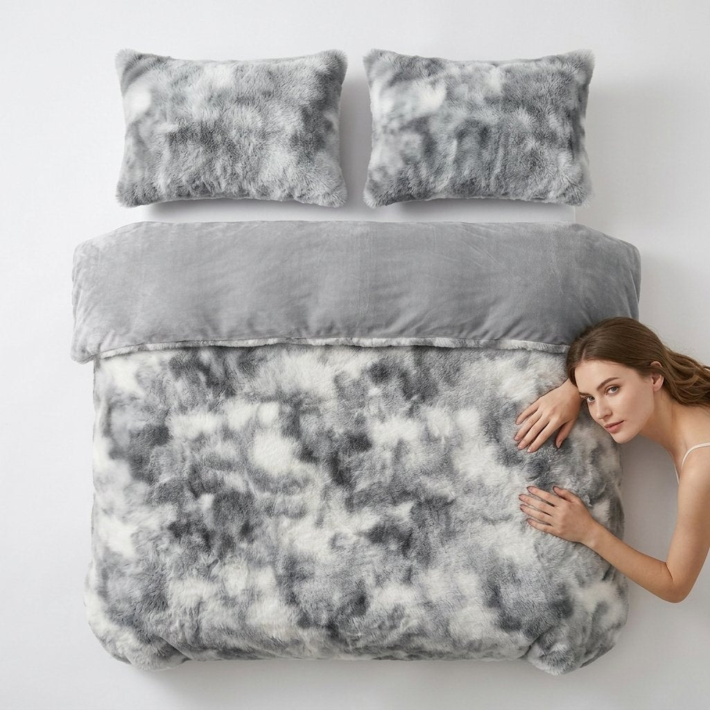 Faux Rabbit Velvet Duvet Cover Set, 4-Piece Winter Bedding — Multicolour grey