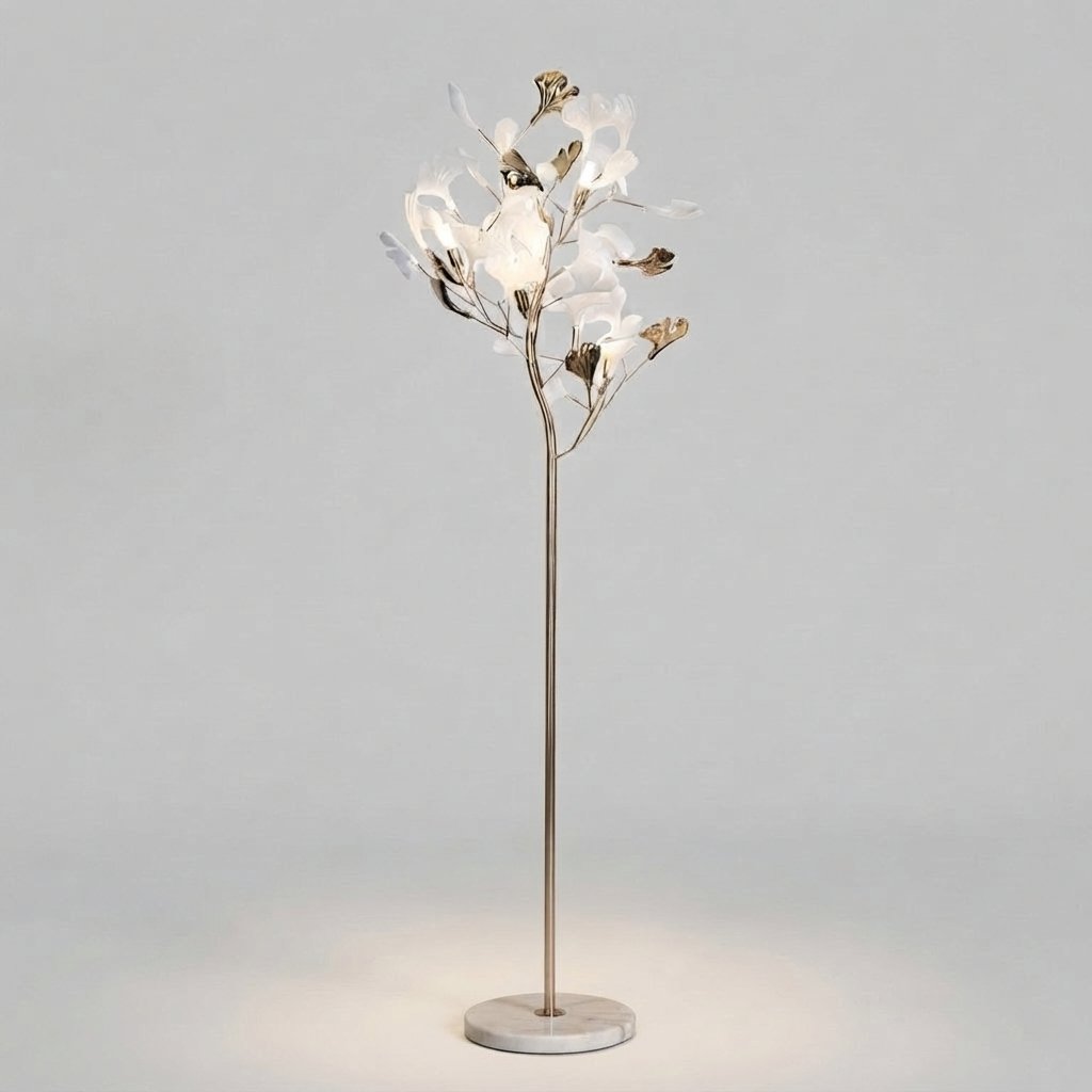 Ginkgo Leaf Floor Lamp with Ceramic Shades, Gold — Metal & Marble