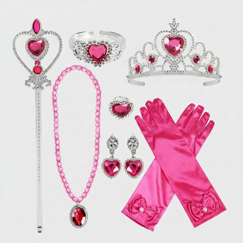 Girls' Princess Dress-Up Accessory Set – Tiara, Wand, Gloves, Necklace, Bracelet, Earrings and Ring — Pink