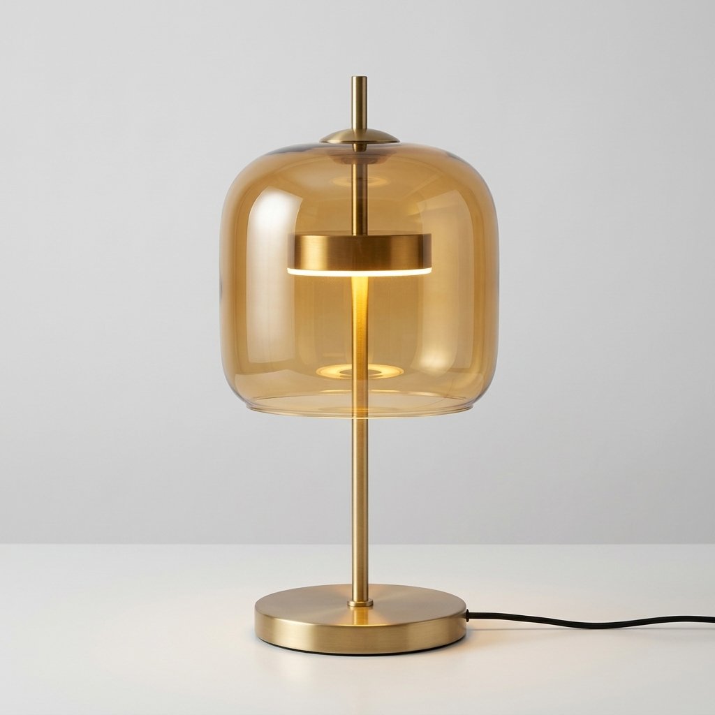 Glass Dome Table Lamp with Gold Iron Base, LED — Amber