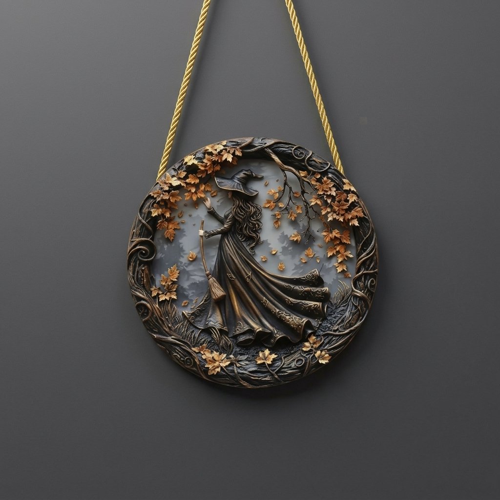Halloween 3D Relief Witch Wall Plaque with Gnarled Branch Border and Rope Hanger — Witch with Broom