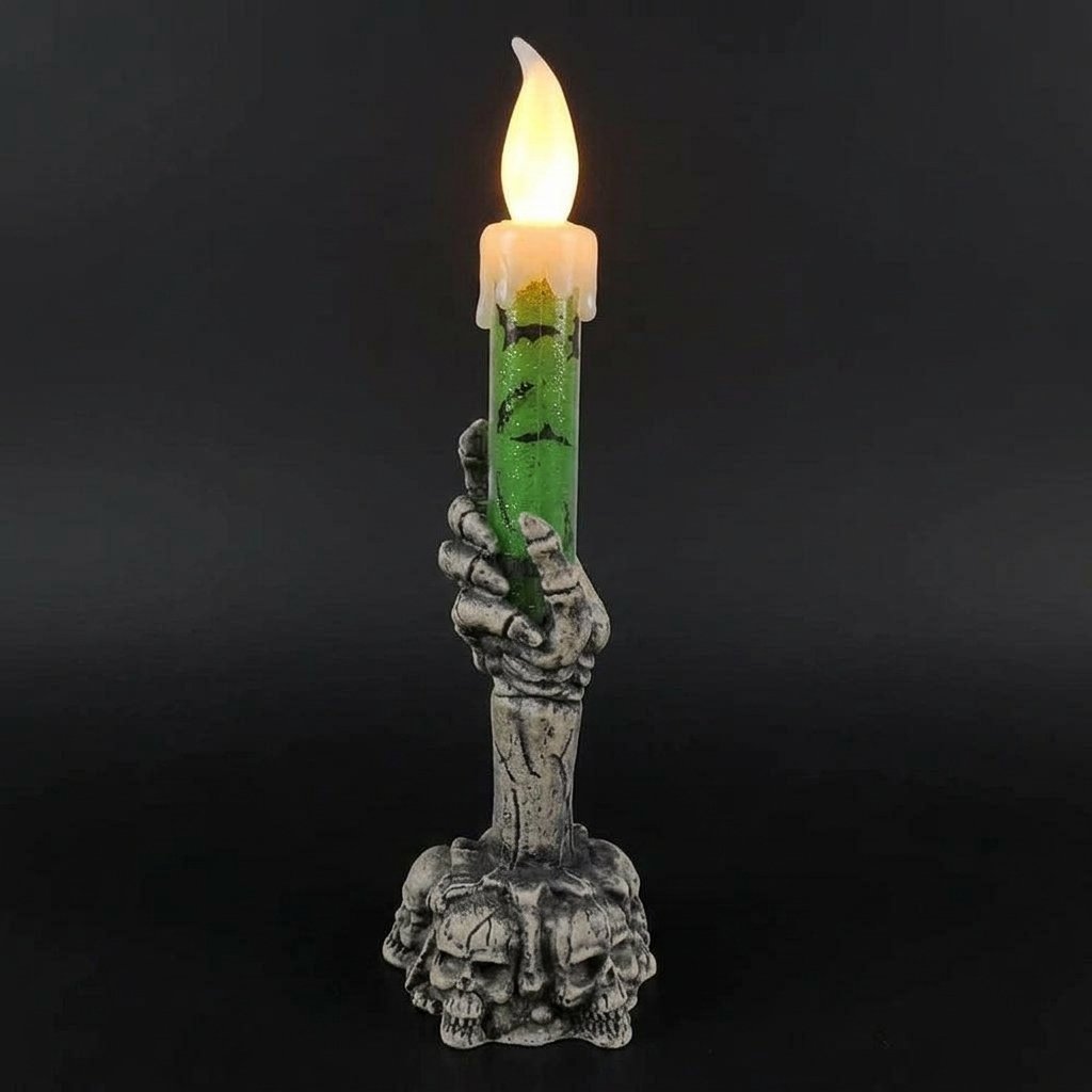 Halloween Flameless LED Taper Candle with Skeleton Hand Holder – Battery Operated, Orange or Green — Green