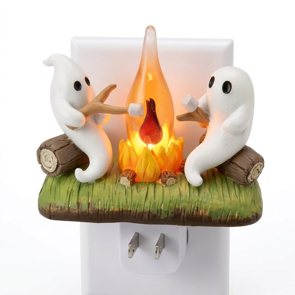 Halloween Ghost Campfire Plug-In LED Night Light with Two Ghost Figures Roasting Marshmallows — B (US Plug)