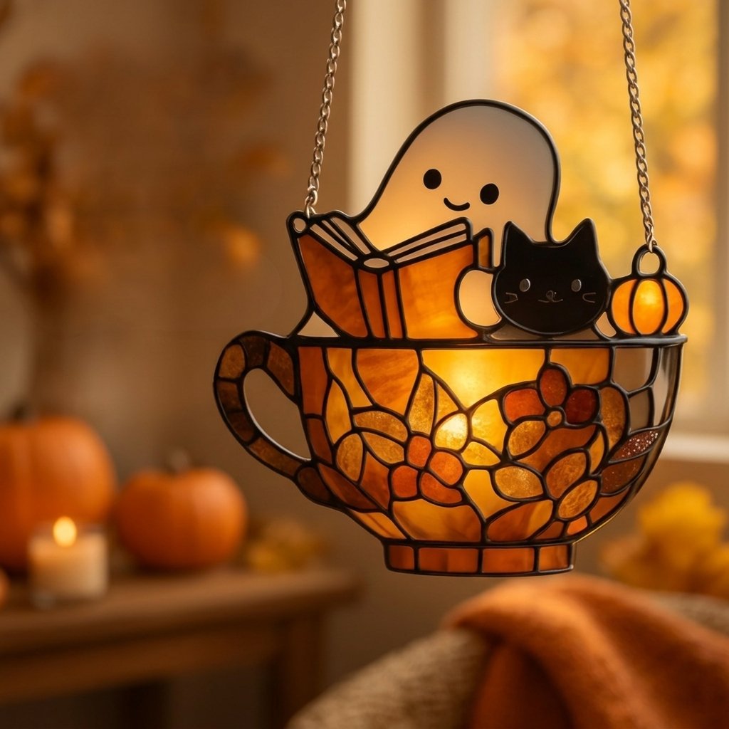 Halloween Ghost Suncatcher – Stained-Glass Style Teacup Window Hanging with Book Design — Curious Reader