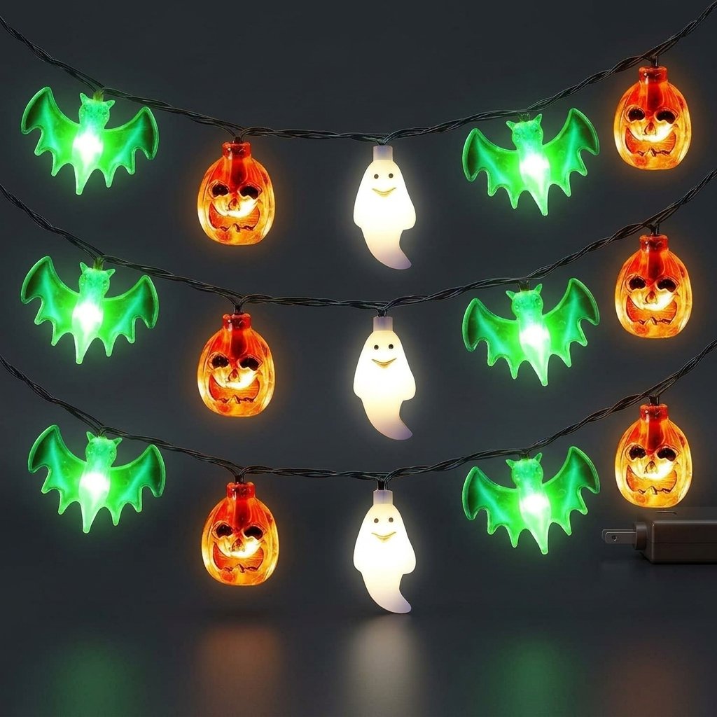 Halloween LED string lights with pumpkin, ghost and bat figures – battery or USB powered, indoor and outdoor use — Green Bat Ghost Pumpkin