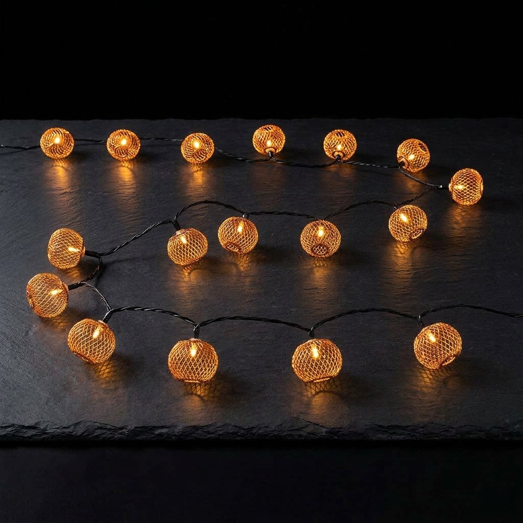 Halloween LED Twig Garland with Pumpkin or Bat Lanterns, Battery Operated, 6 ft — 18 Pumpkin Rattan Lanterns