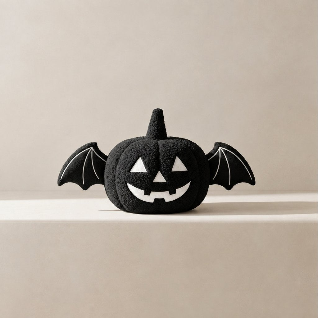 Halloween Pumpkin Plush Cushion with Bat Wings — Black