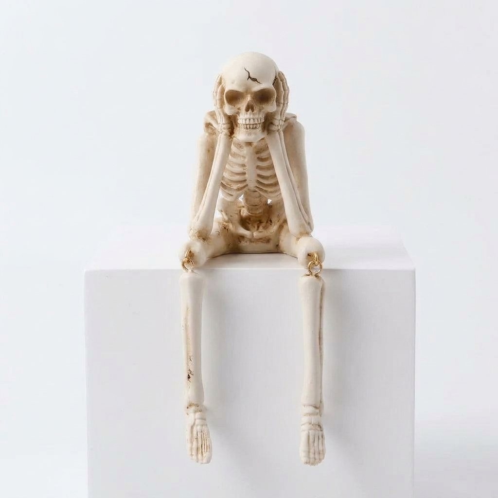 Halloween Skeleton Shelf Sitter Set of 3 with Dangling Legs – See No Evil, Hear No Evil, Speak No Evil Figurines — Light Beige