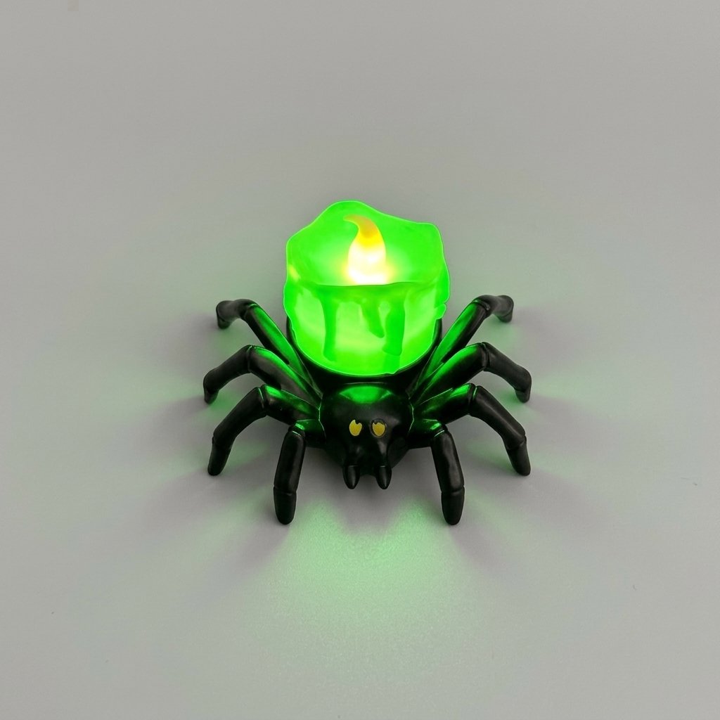 Halloween Spider Tea Light with Flickering LED Flameless Candle – Battery-Operated Decoration — Spider Back Green Candle