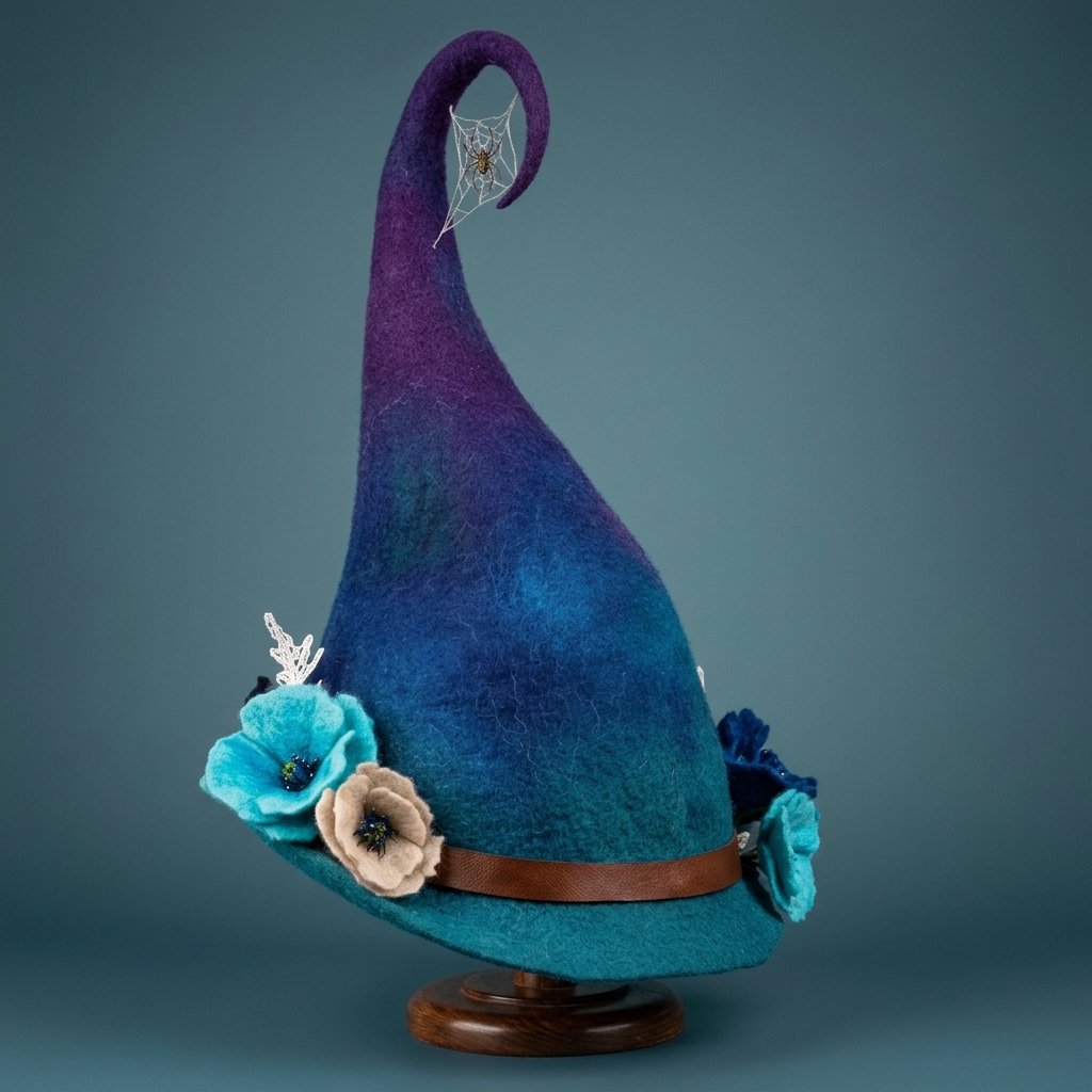 Handmade Felted Wool Witch Hat with Spiderweb Embroidery and Floral Accents — Rose Purple