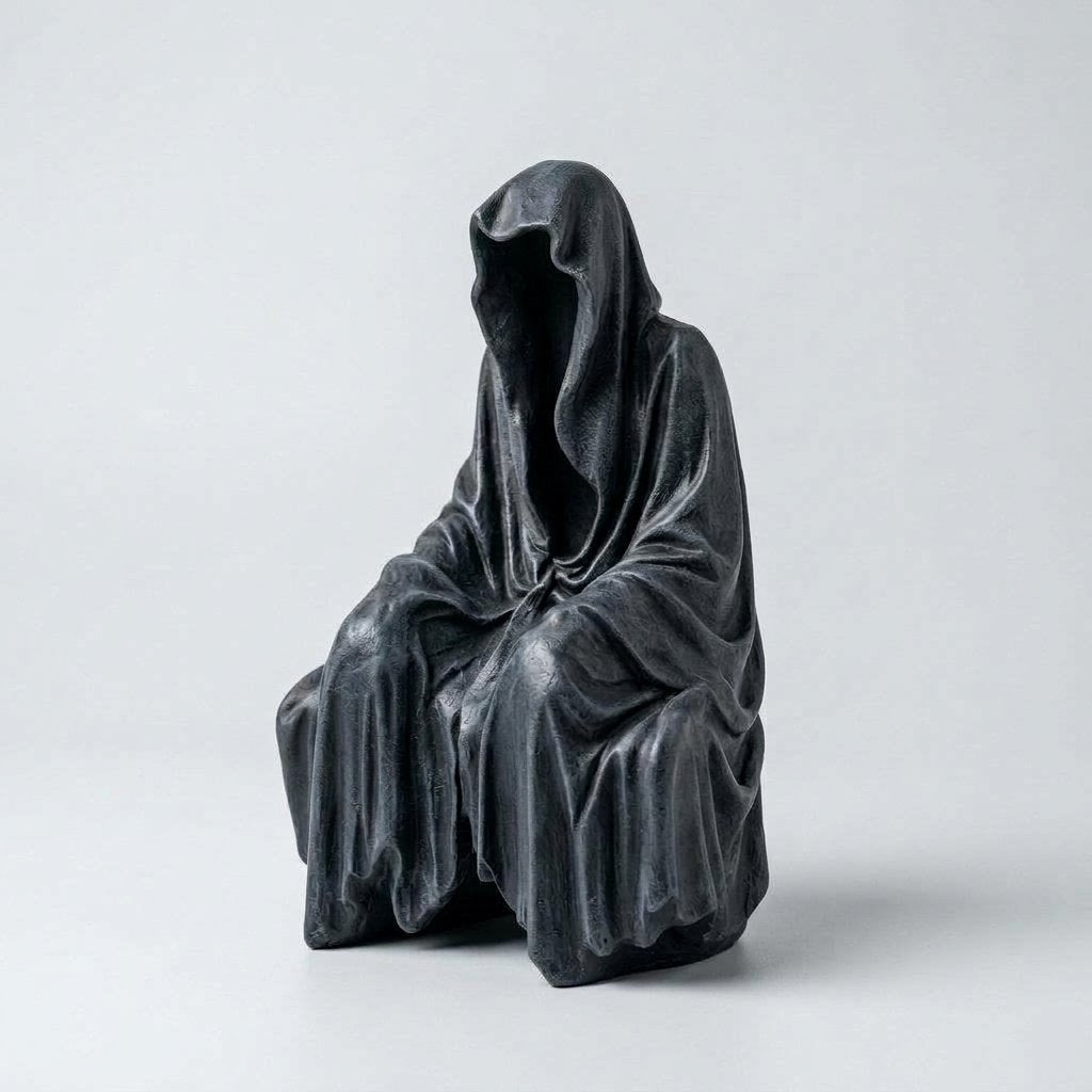 Hooded Grim Reaper Shelf Sitter Figurine – Faceless Gothic Resin Statue for Shelves and Desks — 15cm