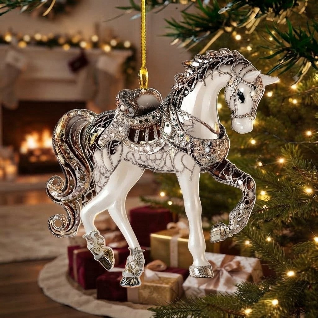 Horse Christmas Tree Ornament, handcrafted acrylic — White