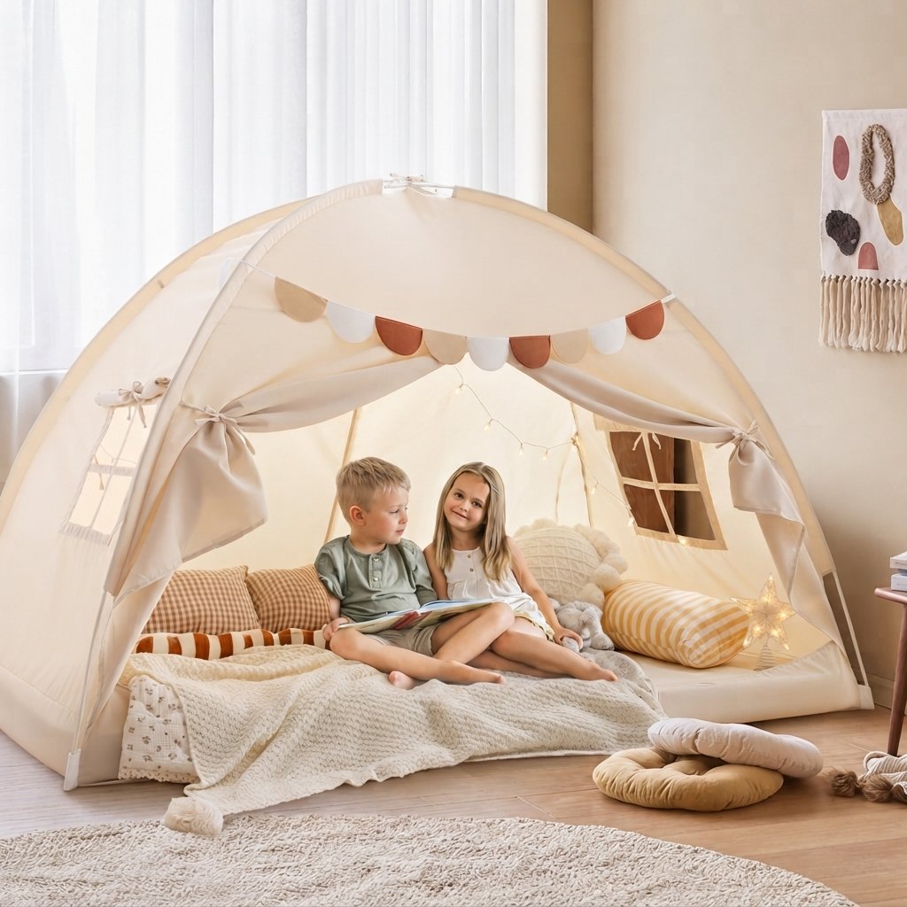 Kids Bed Play Tent with Star Lights and Flags — Blue