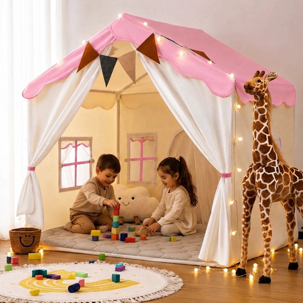 Kids Indoor Play Tent with Lights and Padded Mat — Pink