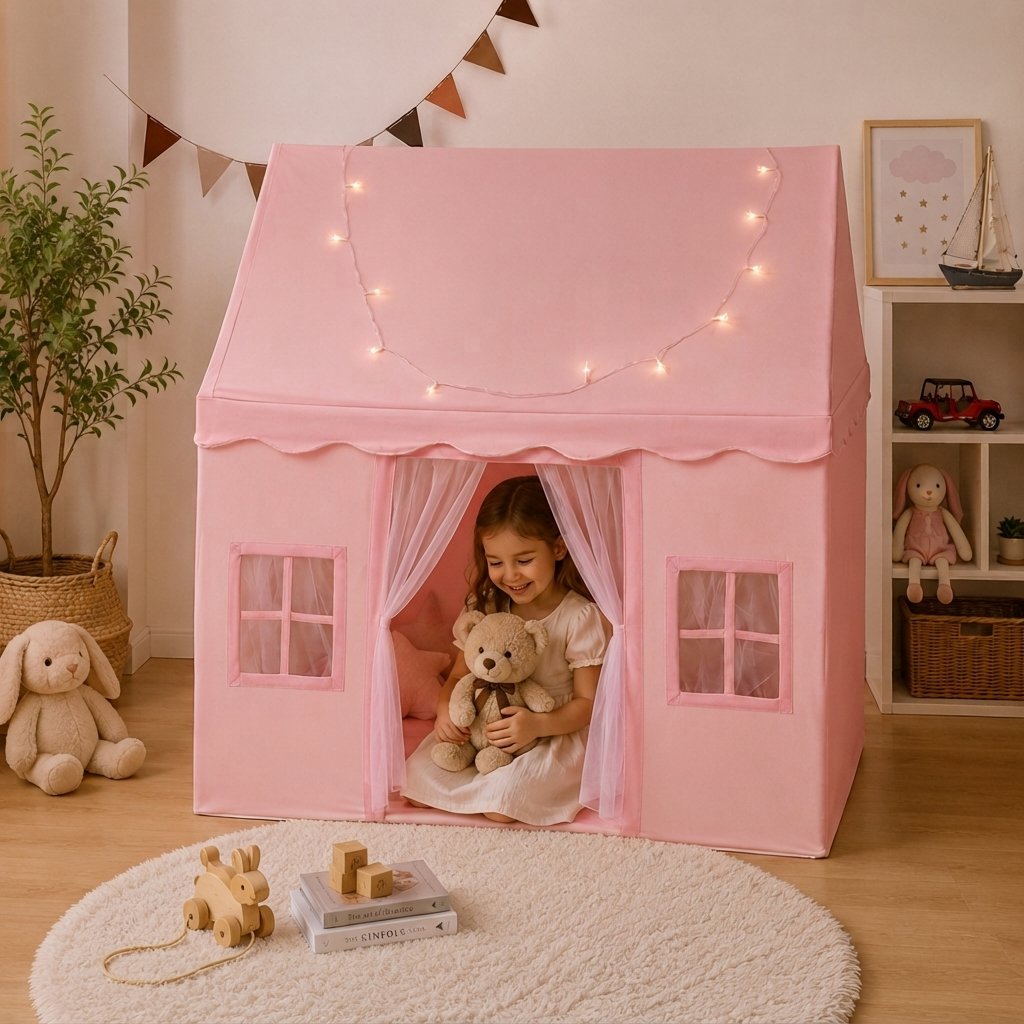 Kids Indoor Playhouse Tent with Bunting and Curtains — Pink