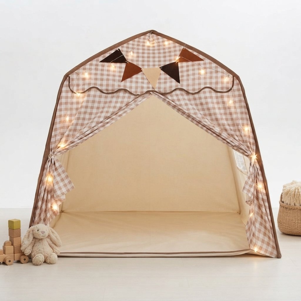 Kids Play Tent with Canopy for Bedroom or Playroom — Beige Gingham
