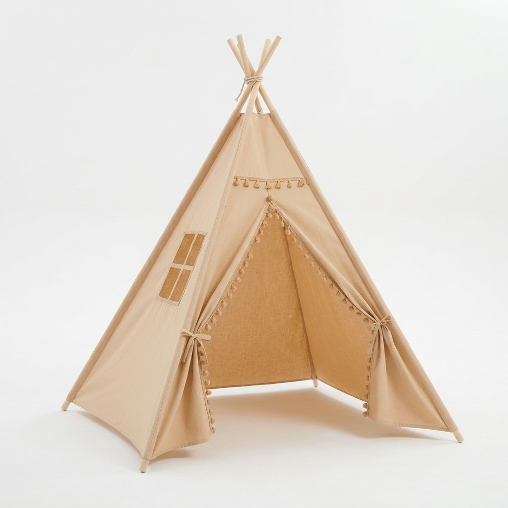 Kids Teepee Play Tent with Pom-Pom Trim, Cotton Canvas — 1.35m Without Mat