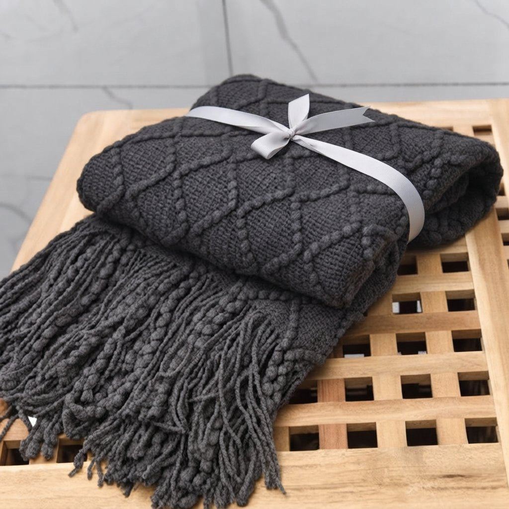 Knitted Throw Blanket with Tassels – Diamond Weave — Midnight Grey