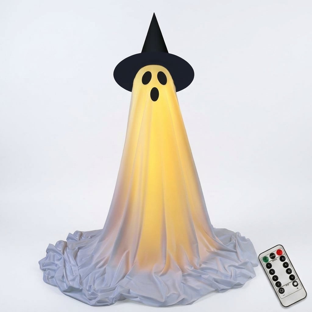 LED Ghost Halloween Decoration with Witch Hat and Wireless Remote Control, 50 in, Set of 1 or 2 — 2 pack