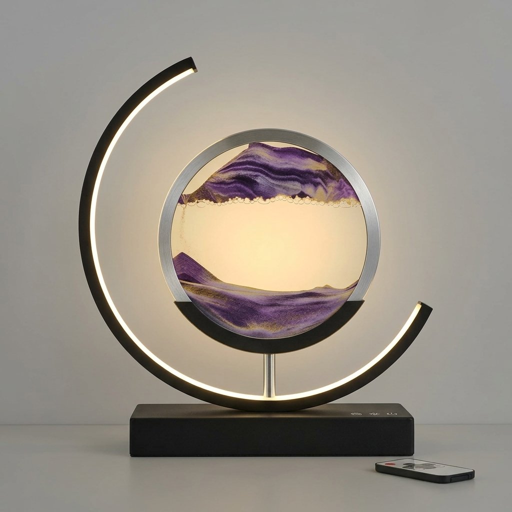 LED Sand Art Table Lamp with Circular Frame — Tri-colour rechargeable touchscreen with remote control