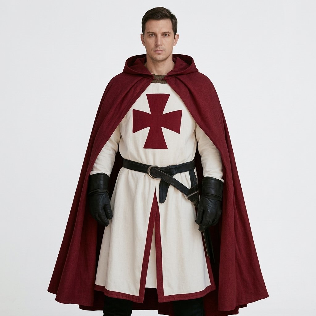 Medieval Crusader Knight Tunic Costume with Cross Pattée Design and Split Hem Panels — White/Red