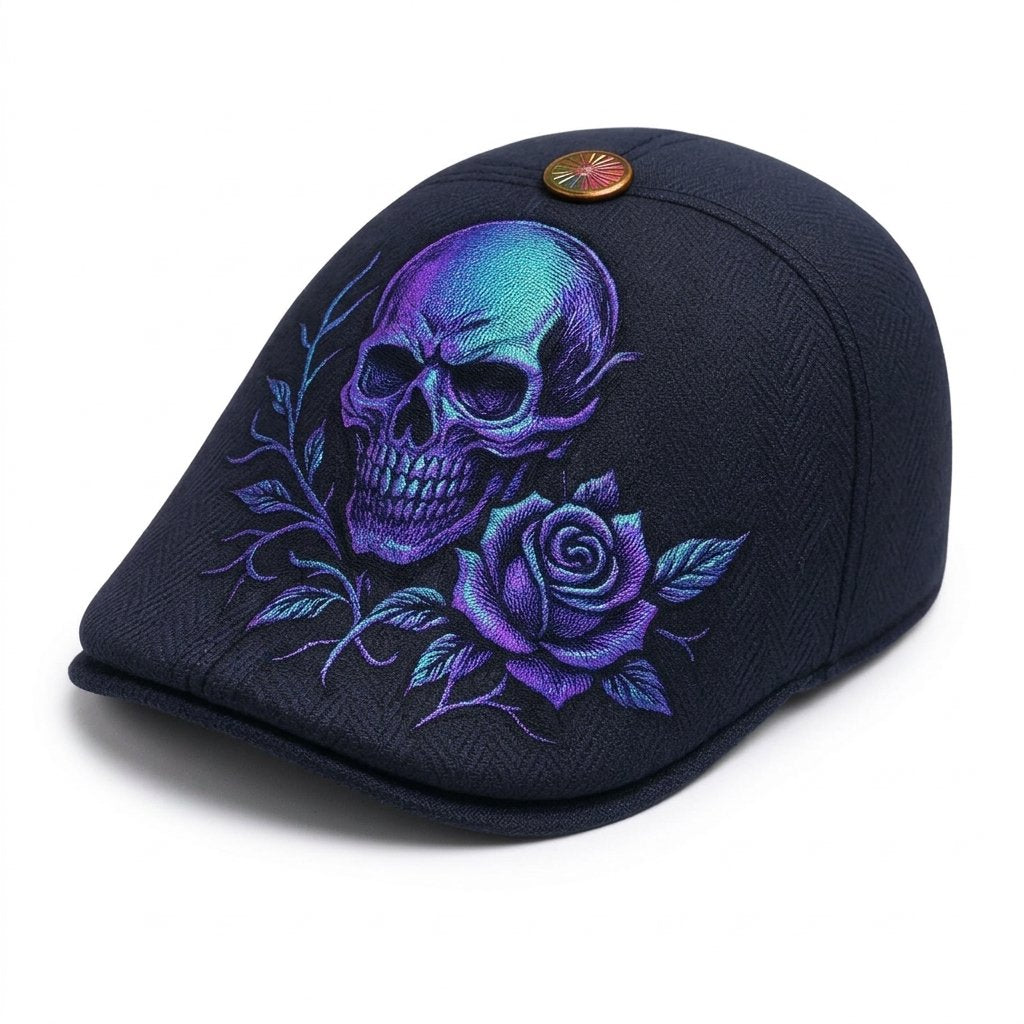 Men's flat cap with skull and rose embroidery — Model 2