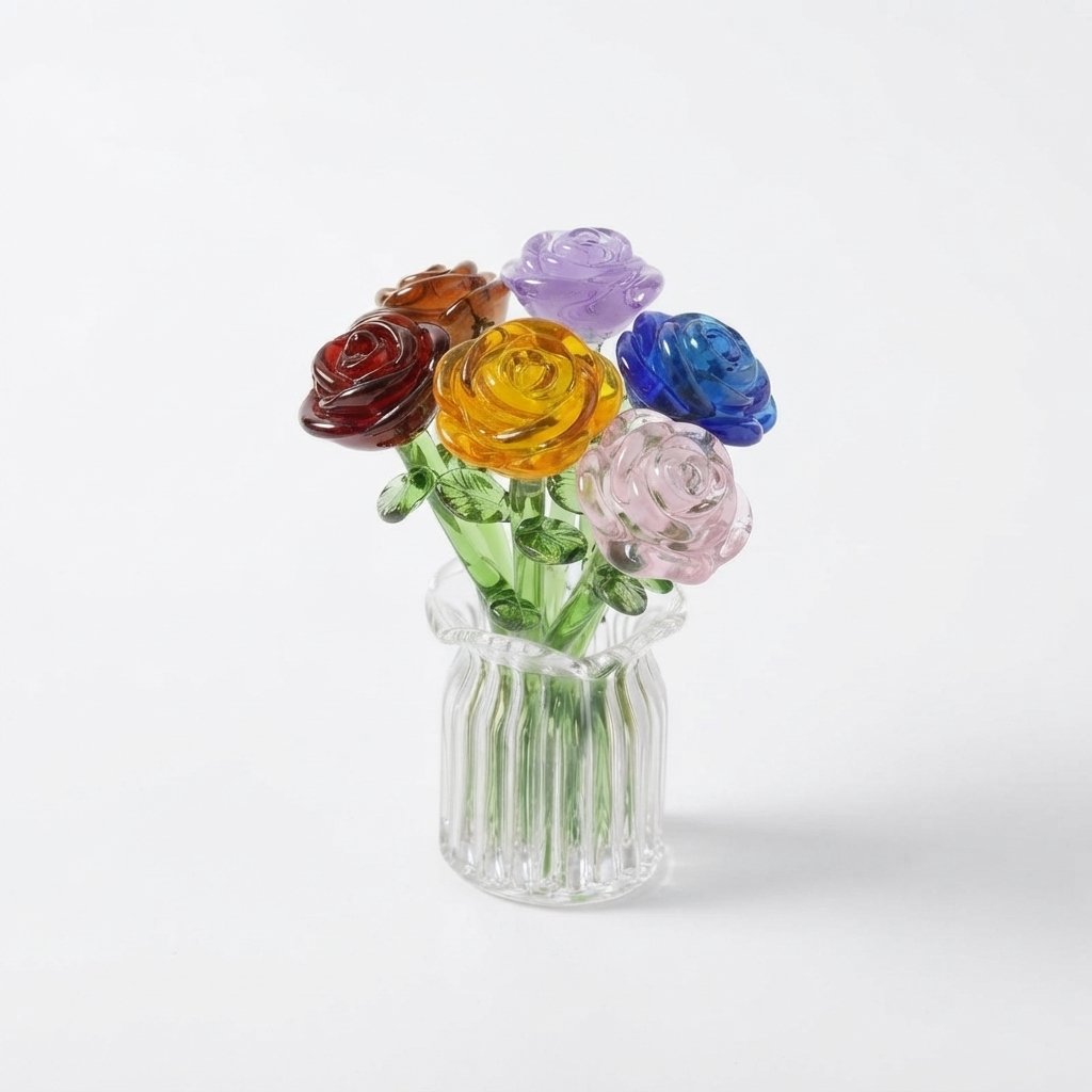 Miniature Glass Flower Set with Fluted Vase — 6pcs Rose Set + Vase