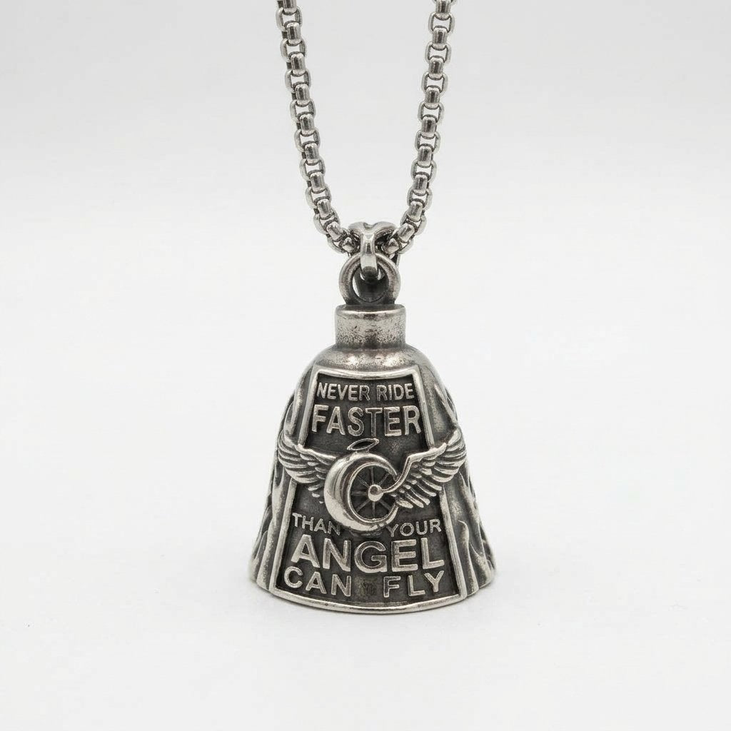 Motorcycle Guardian Bell with Winged Wheel Design – Biker Good Luck Charm with Keychain and Necklace — Bell