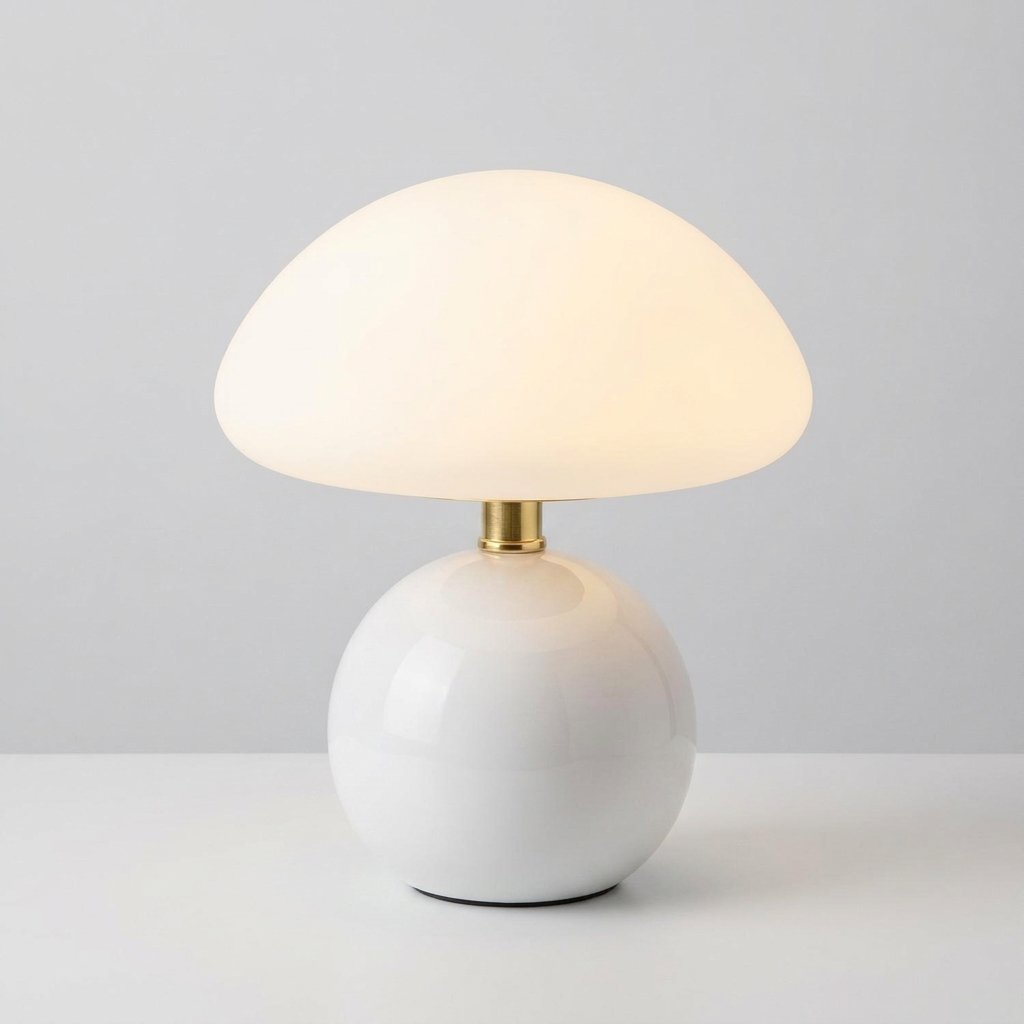 Mushroom Table Lamp with Frosted PVC Shade and Ceramic Base — White