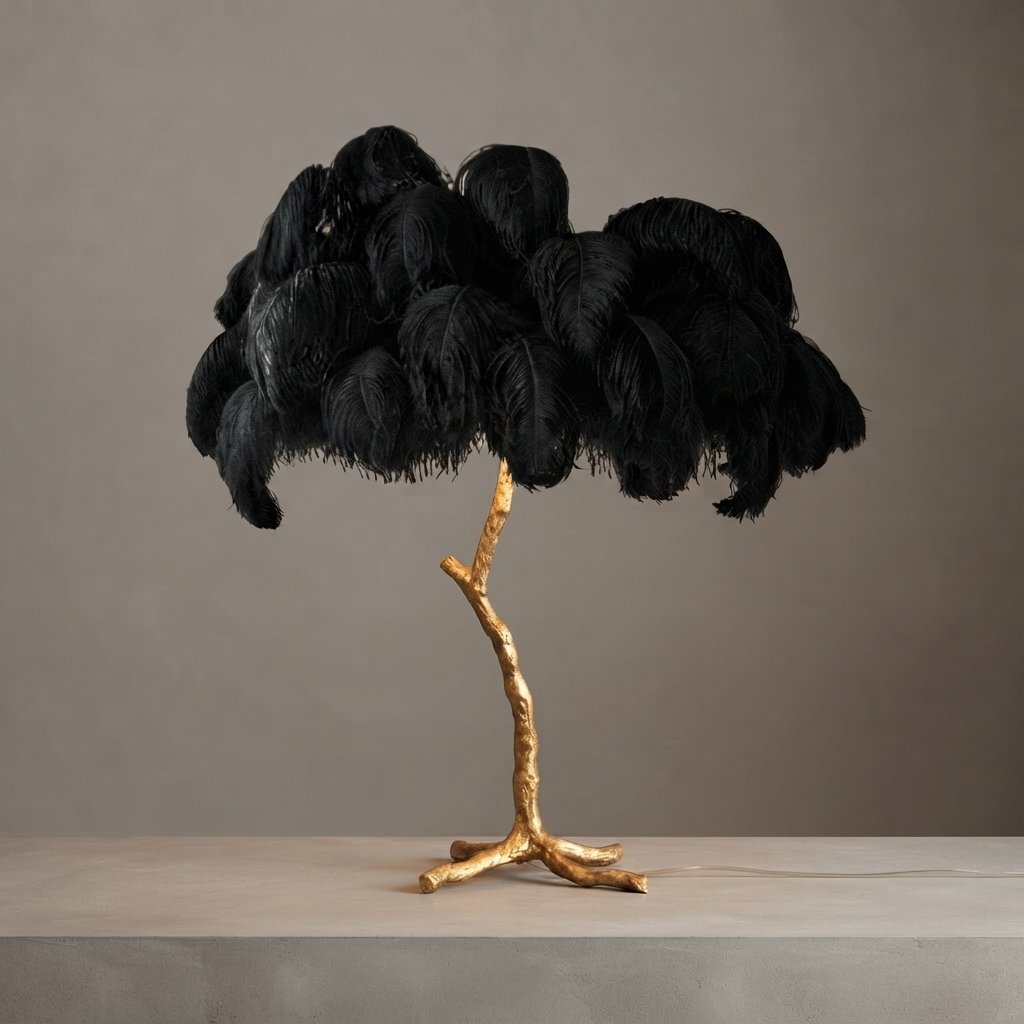 Ostrich Feather Floor Lamp with Gold Branch Base — Black