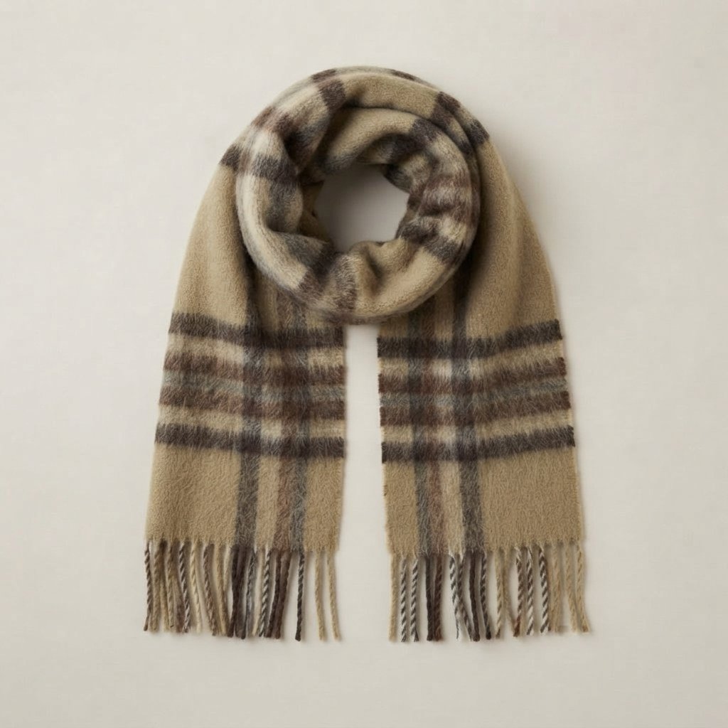 Oversized Checked Winter Scarf with Fringed Ends — Khaki