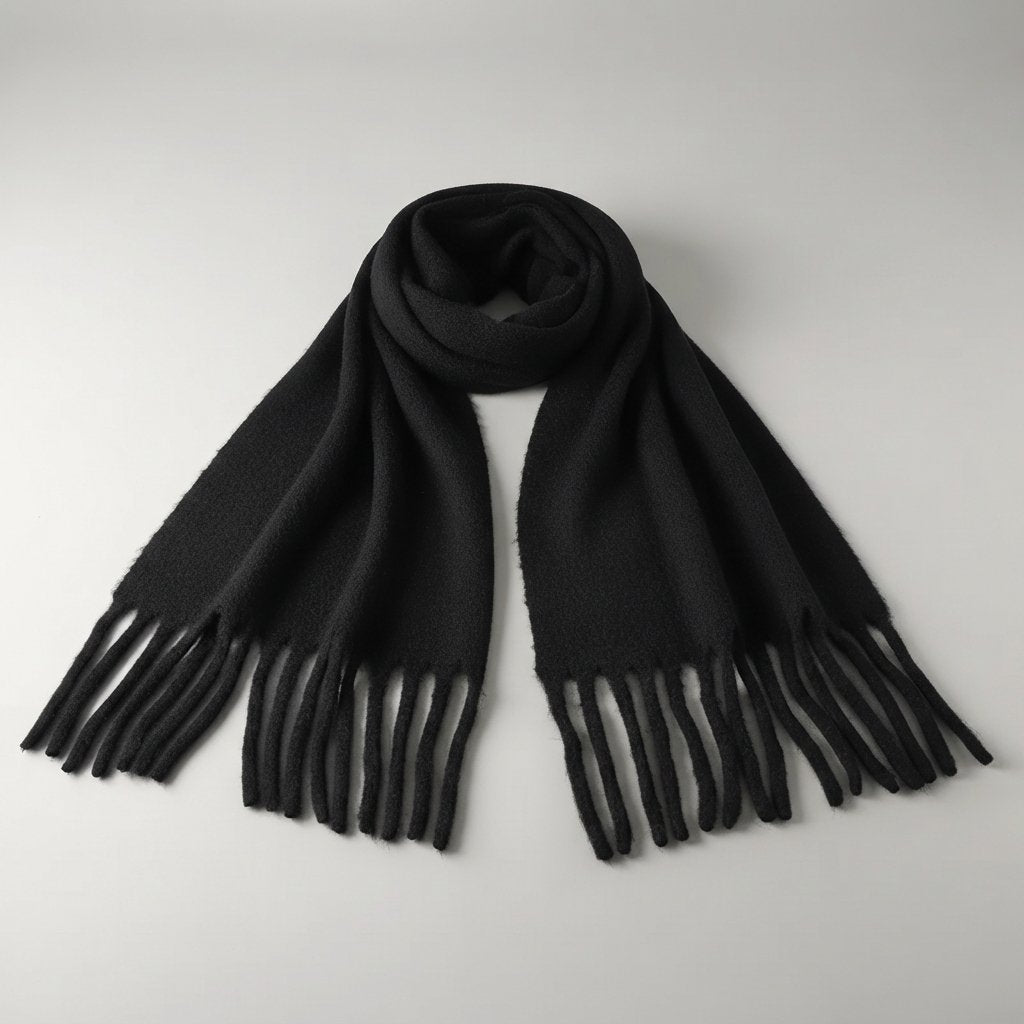 Oversized Plush Winter Scarf with Tassels — Black