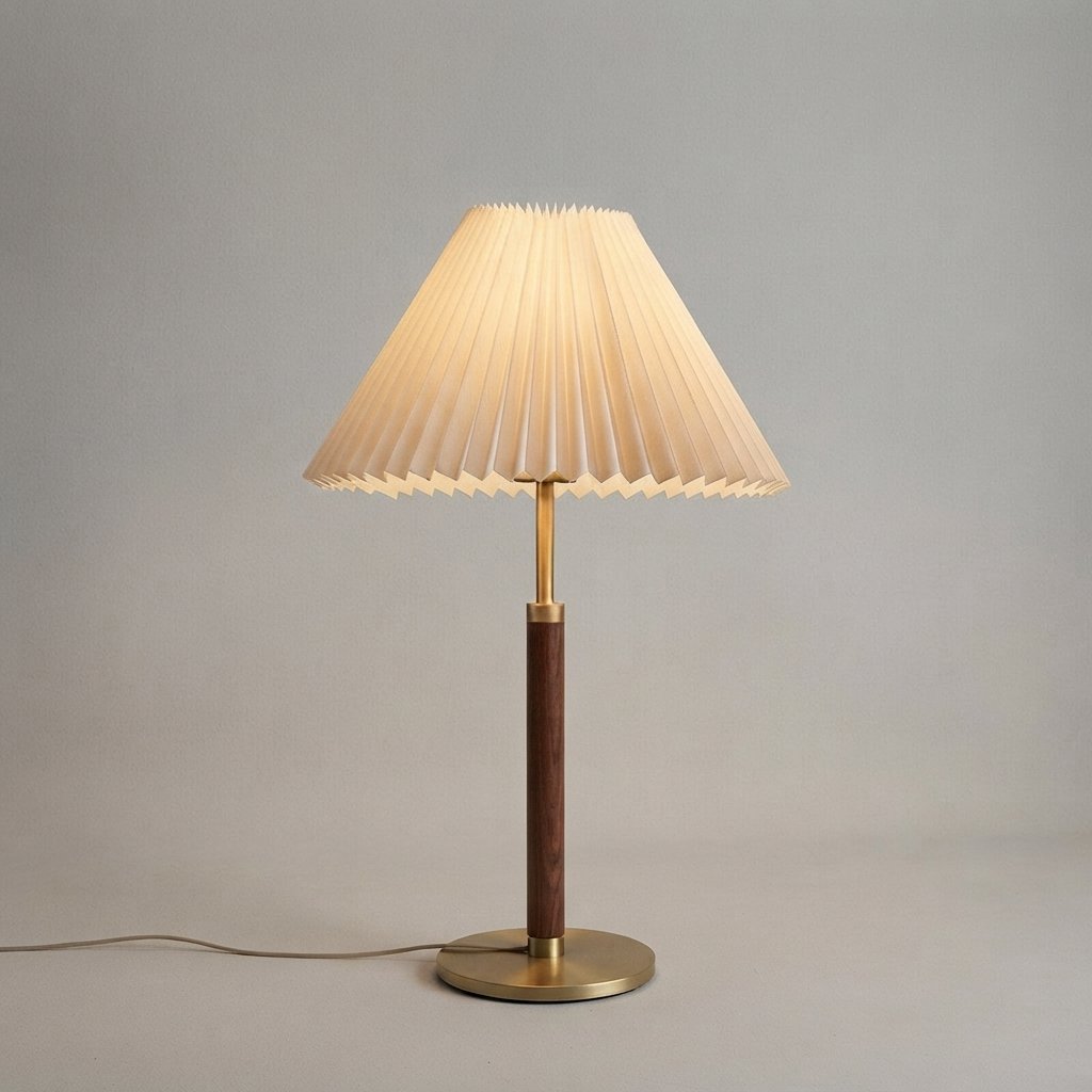 Pleated Fabric Floor Lamp with Walnut & Brass Finish — Table Lamp