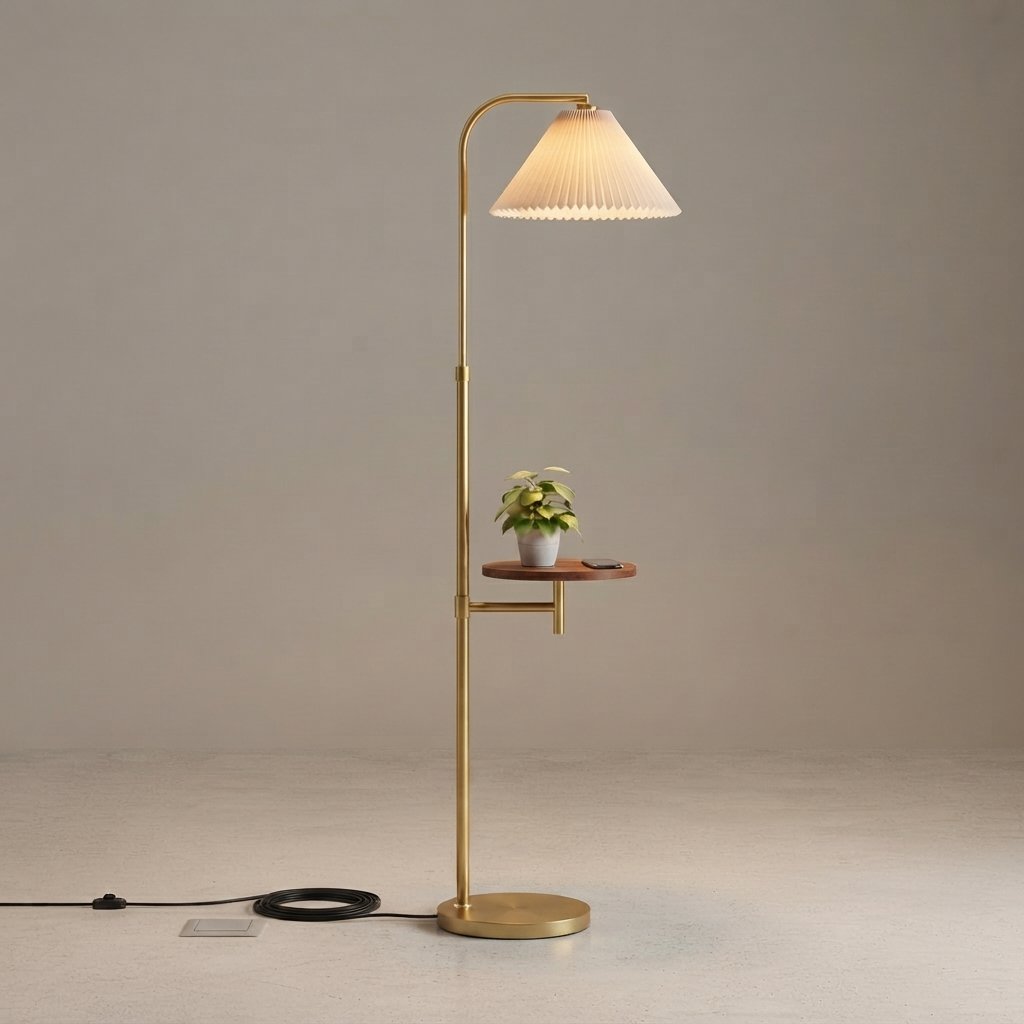 Pleated Floor Lamp with Side Shelf, Gold & Black — Gold