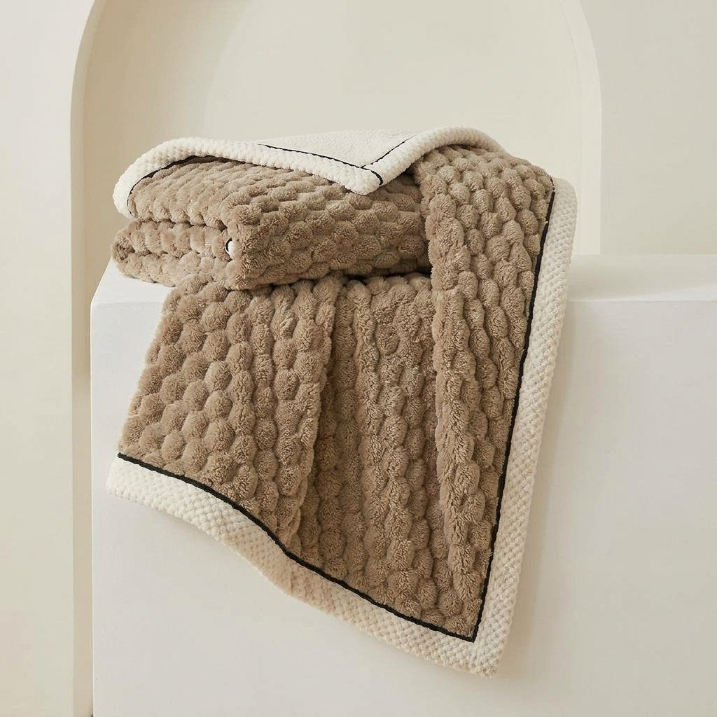 Plush Microfibre Throw Blanket, Bubble-Texture Fleece — Latte