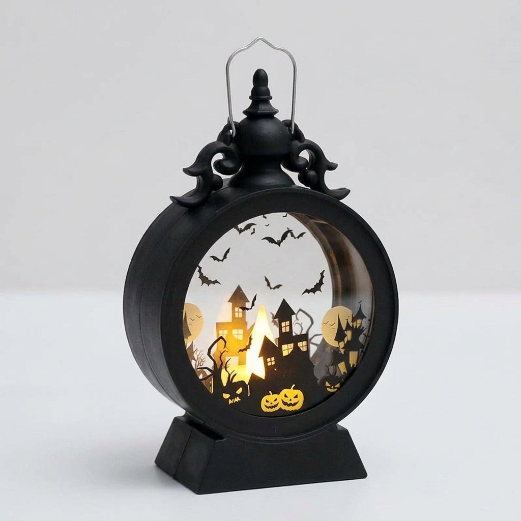 Retro Halloween Lantern with Warm LED Glow and Cut-Out Scene — Castle