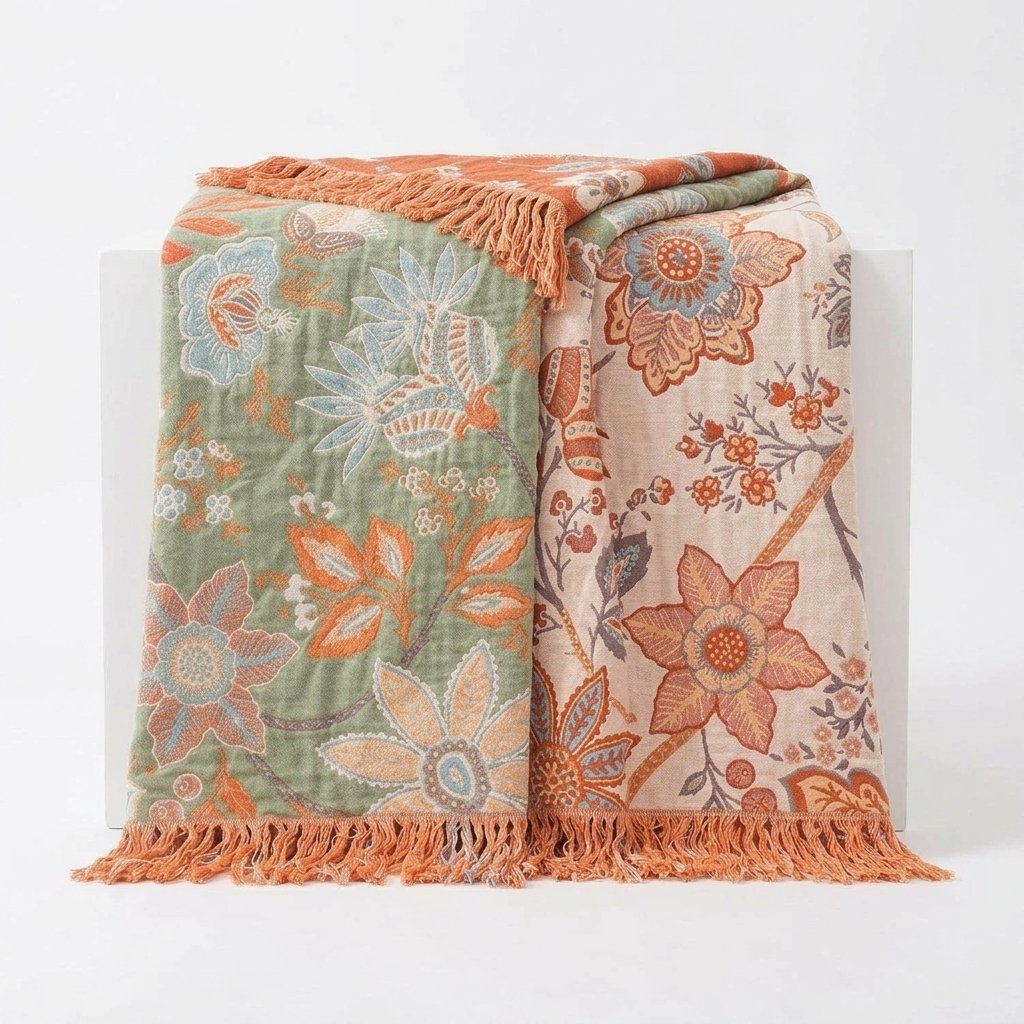 Reversible Botanical Throw Blanket, 4-Layer Cotton — 200X230CM