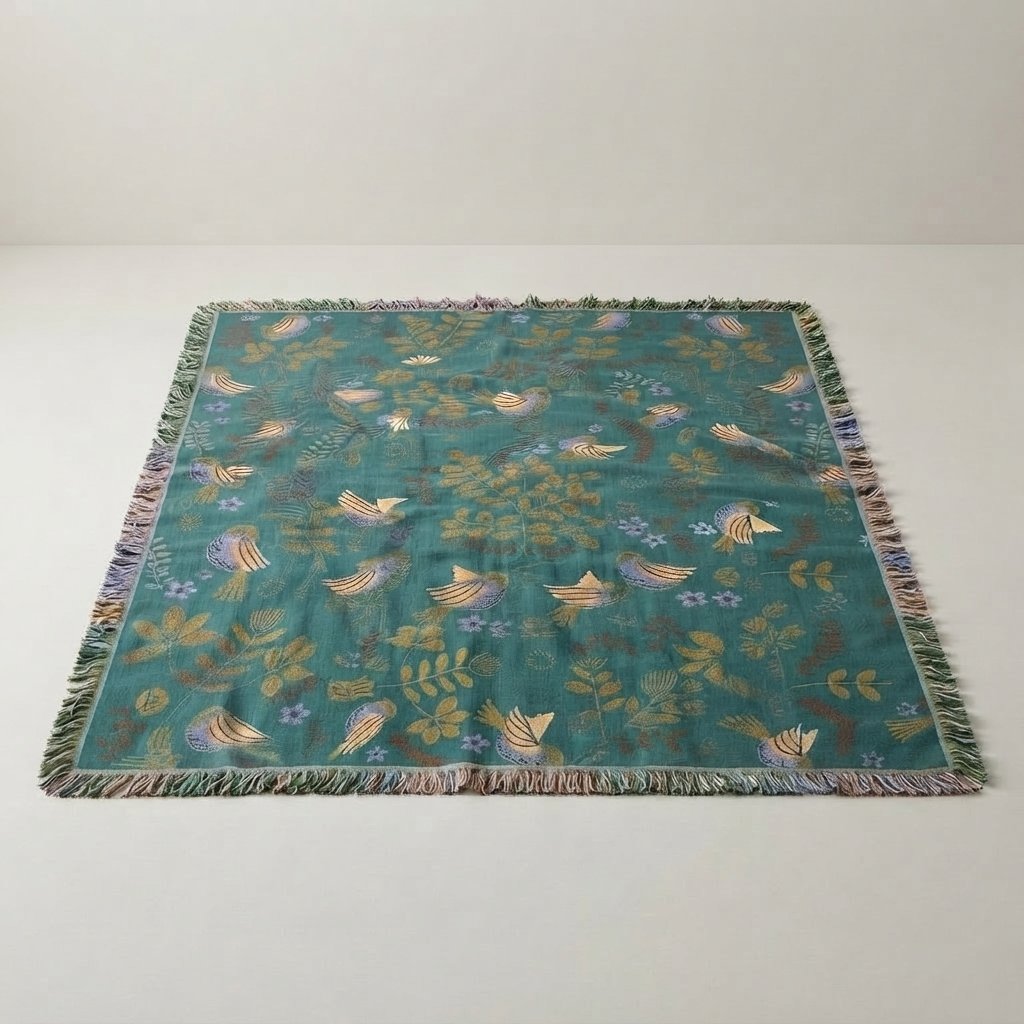 Reversible Cotton Muslin Throw Blanket with Bird Print — Queen Size (200 x 230 cm)