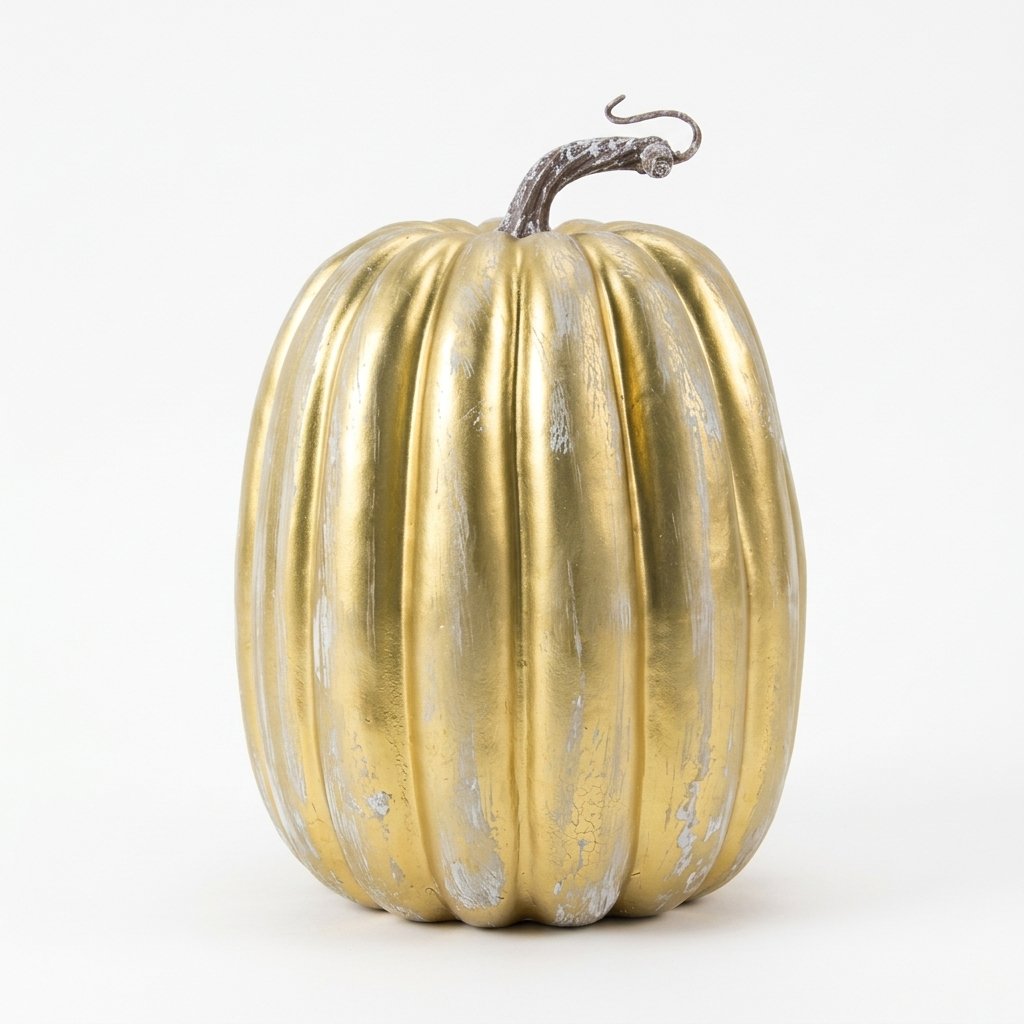 Set of 7 Artificial Foam Pumpkins with Ribbed Texture and Curved Stems – Autumn and Halloween Decoration — Gold